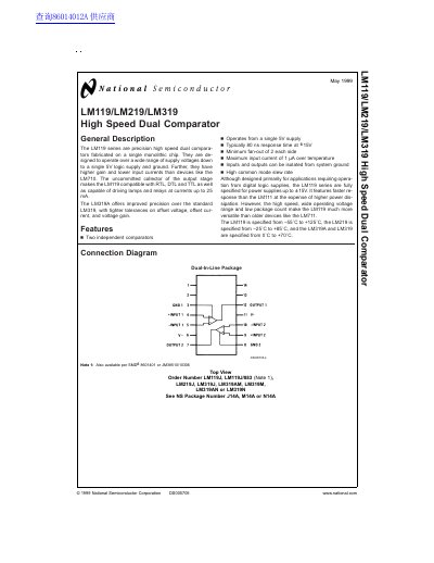 National Semiconductor LM119/LM219/LM319 High Speed Dual Comparator Datasheet - cover page