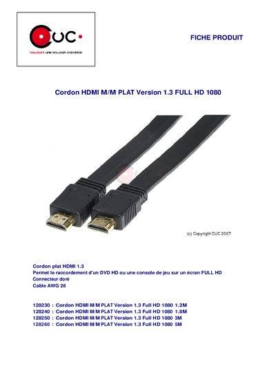 CUC HDMI M/M PLAT Version 1.3 FULL HD 1080 Product Data Sheet - cover page