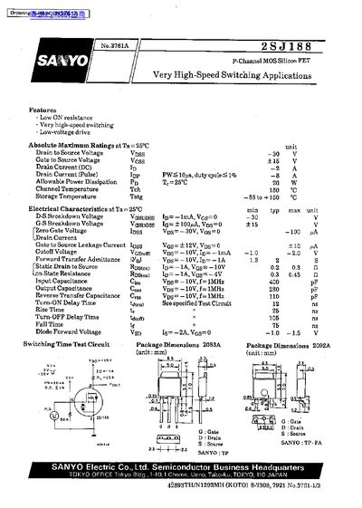 Sanyo 2SJ188 P-Channel MOSFET Datasheet - cover page