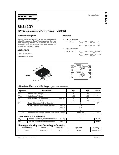 Fairchild Semiconductor Si4542DY 30V Complementary PowerTrench MOSFET Datasheet - cover page