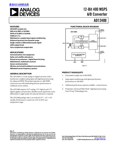 Analog Devices AD12400 12-Bit 400 MSPS A/D Converter Datasheet - cover page