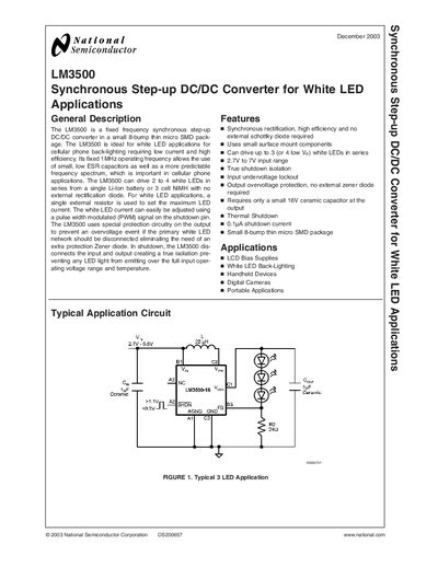 National Semiconductor LM3500 Synchronous Step‑up DC/DC Converter Datasheet