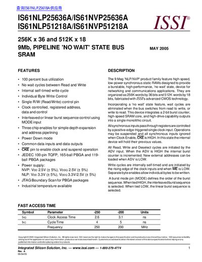 ISSI IS61NLP25636A/IS61NVP25636A IS61NLP51218A/IS61NVP51218A Data Sheet - cover page