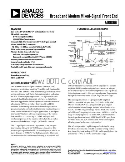 Analog Devices AD9866 Mixed‑Signal Front‑End Datasheet - cover page