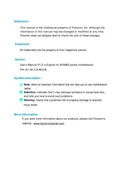 Foxconn 915M03 Series Motherboard User Manual - cover page