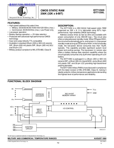 fdt IDT71256S/IDT71256L DATA SHEET - cover page