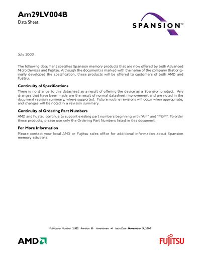 Spansion Am29LV004B Data Sheet - cover page