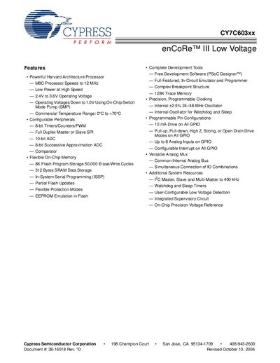 Cypress CY7C603xx enCoRe III Low Voltage Datasheet - cover page