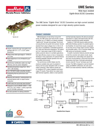 Murata UWE Series Eighth-Brick DC/DC Converter Datasheet - cover page