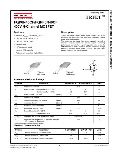 Fairchild Semiconductor FQP6N40CF/FQPF6N40CF 400V N-Channel MOSFET Datasheet - cover page