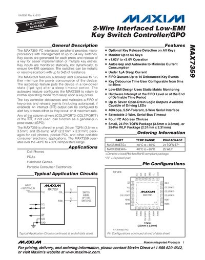 Maxim MAX7359 2-Wire Interfaced Low-EMI Key Switch Controller/GPO Datasheet - cover page