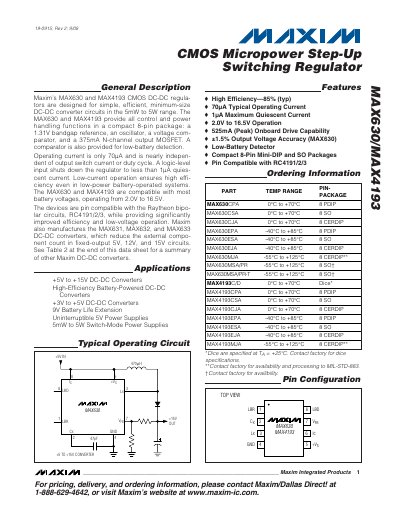 Maxim MAX630/MAX4193 CMOS Micropower Step-Up Switching Regulator Datasheet - cover page