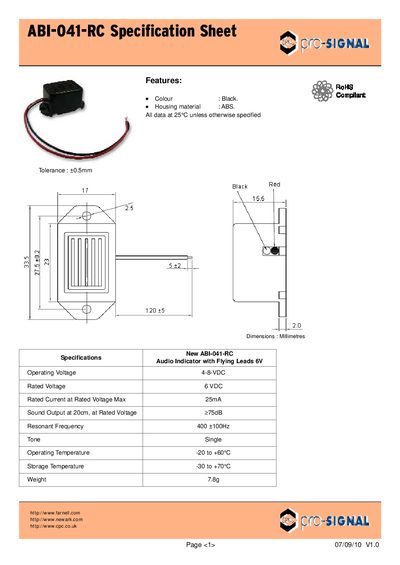 Pro Signal ABI-041-RC Audio Indicator Specification Sheet - cover page