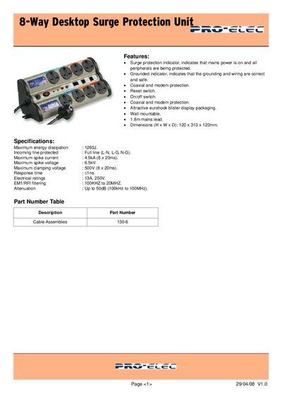 PRO ELEC 8-Way Desktop Surge Protection Unit Description Part Number Cable Assemblies 130-6 - cover page