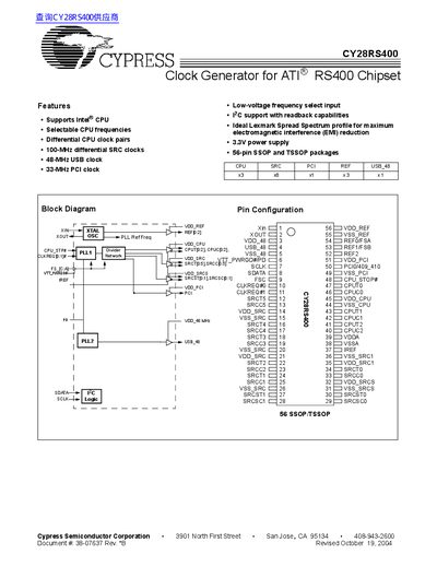 CYPRESS CY28RS400 Clock Generator for ATI RS400 Chipset handbook - cover page