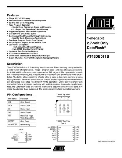 Atmel AT45DB011B Datasheet - cover page