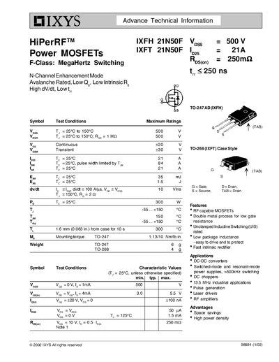 IXYS IXFH 21N50F & IXFT 21N50F Datasheet - cover page