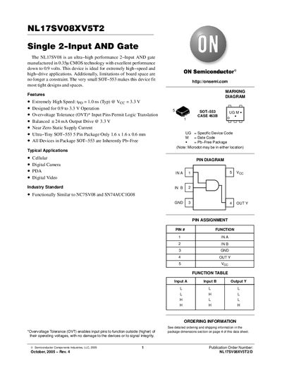 ON Semiconductor NL17SV08XV5T2 Single 2-Input AND Gate Datasheet - cover page