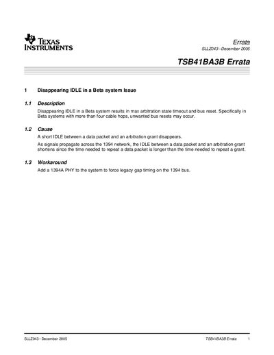 Texas Instruments TSB41BA3B Errata Handbook - cover page