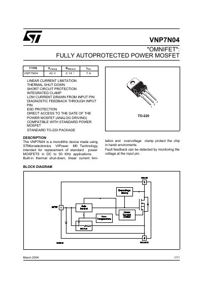 STMicroelectronics VNP7N04 Fully Autoprotected Power MOSFET Datasheet