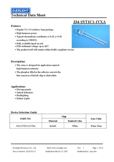 Everlight 334-15/T1C1-1VXA Technical Data Sheet - cover page