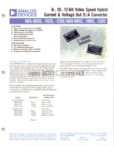 Analog Devices HDS-1250 G Series DAC Datasheet - cover page