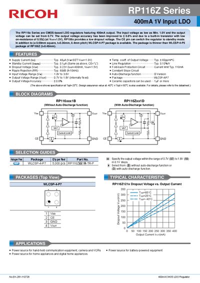 Ricoh RP116Z Series 400mA 1V Input LDO Datasheet - cover page