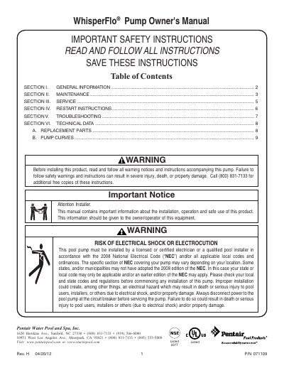Pentair WhisperFlo Pump Owner's Manual - cover page