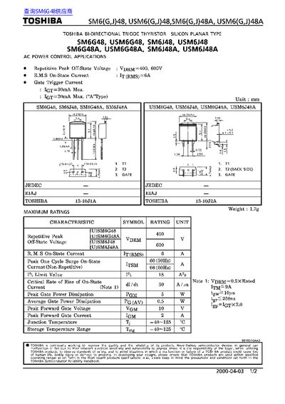 TOSHIBA SM6(G,J)48 Series Bidirectional Thyristor Datasheet
