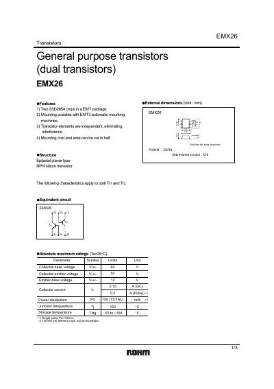 ROHM EMX26 Transistor Datasheet - cover page