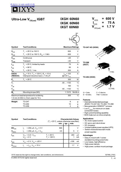 IXYS IXGH60N60/IXGK60N60/IXGT60N60 IGBT Transistor Datasheet - cover page