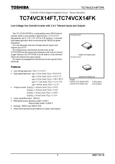 TOSHIBA TC74VCX14FT TC74VCX14FK Manual - cover page