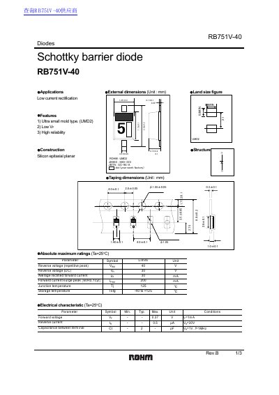 ROHM RB751V-40 Schottky Barrier Diode Datasheet - cover page