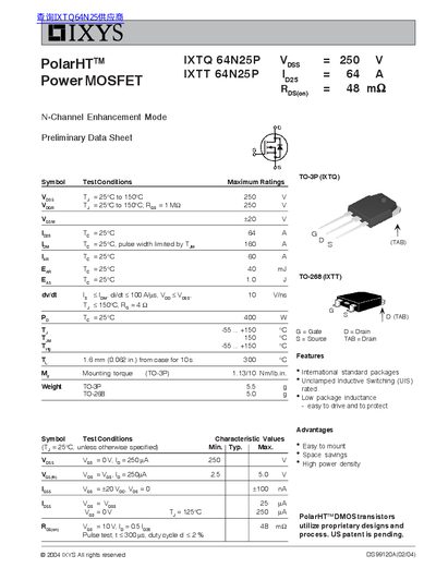 IXYS IXTQ 64N25P/IXTT 64N25P Manual - cover page