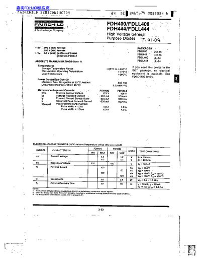Fairchild Semiconductor FDH400/FDH444/FDLL400/FDLL444 High Voltage General Purpose Diodes Datasheet - cover page