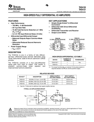 Texas Instruments THS4120/THS4121 High‑Speed Fully Differential I/O Amplifier Datasheet - cover page