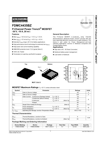 Fairchild FDMC4435BZ P-Channel MOSFET Datasheet - cover page