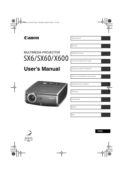 Canon SX6/SX60/X600 Multimedia Projector User's Manual - cover page
