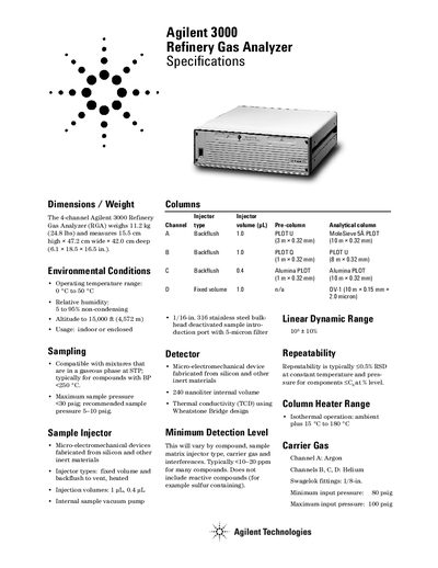 Agilent 3000 Refinery Gas Analyzer Specifications - cover page