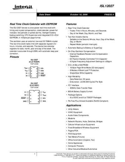 Intersil ISL12027 Real Time Clock/Calendar Datasheet - cover page