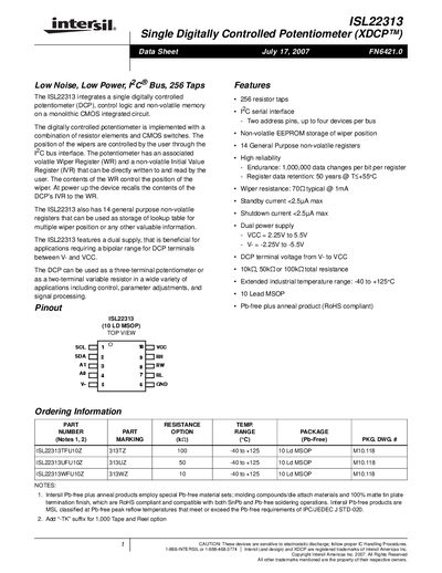 Intersil ISL22313 Single Digitally Controlled Potentiometer Datasheet - cover page