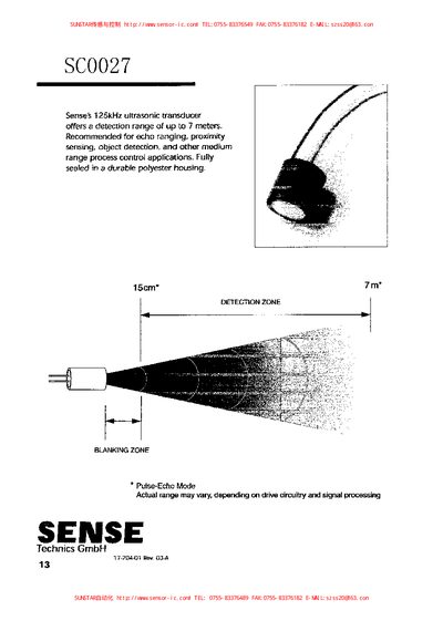Sense SC0027 Ultrasonic Transducer Product Leaflet - cover page