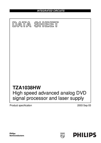 Philips TZA1038HW High Speed Advanced Analog DVD Signal Processor and Laser Supply Datasheet - cover page