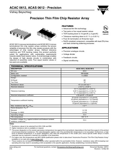 Vishay ACAC 0612/ACAS 0612 Precision Thin Film Chip Resistor Array Datasheet - cover page