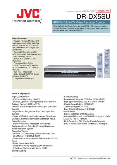 JVC DR-DX5SU HDD/DVD/MiniDV Video Recorder Combo User Manual - cover page