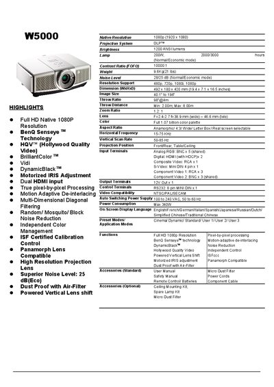 BenQ W5000 Projector Product Leaflet - cover page
