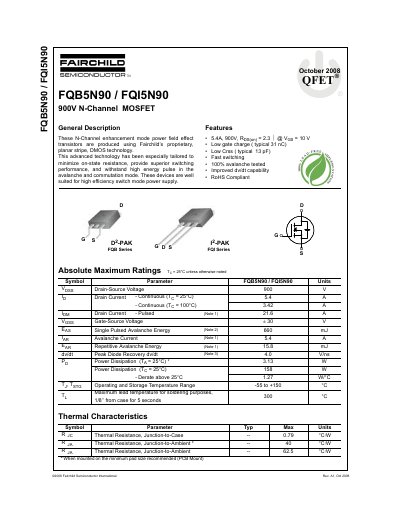 Fairchild Semiconductor FQB5N90/FQI5N90 900V N-Channel MOSFET Datasheet - cover page