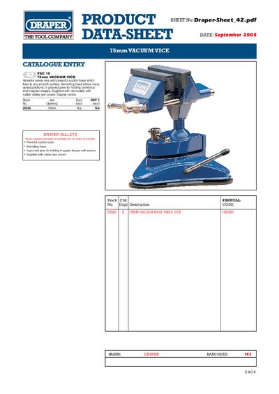 Draper VAC 10 75mm Vacuum Vice Product Sheet - cover page