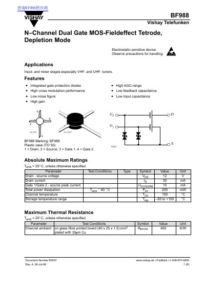 Vishay BF988 N-Channel Dual Gate MOS-FET Datasheet - cover page