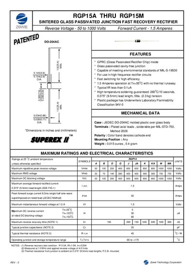 Zowie RGP15A THRU RGP15M Sintered Glass Passivated Junction Fast Recovery Rectifier Datasheet - cover page